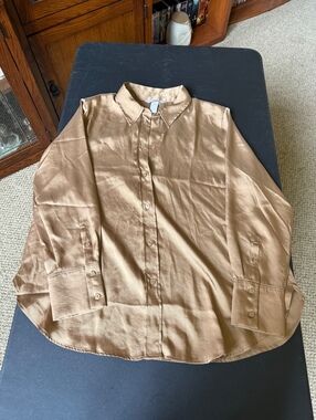 brown tan silky satin feel h&m button up long sleeve